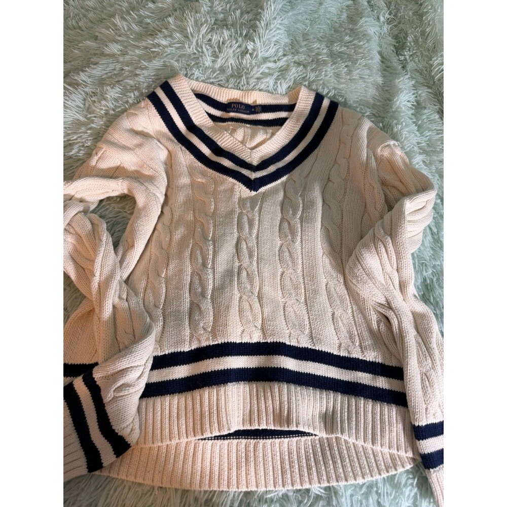 Polo Ralph Lauren Women M Cricket Sweater Cream Cable Knit Cotton V-Neck